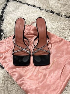 Amina Muaddi Black Crystal-Strap Square-Toe Heels